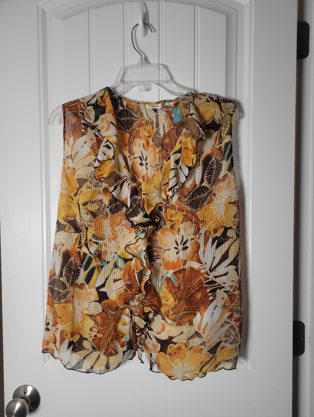Floral Ruffle Front Sleeveless Blouse - Yellow Brown by Cato.  size XL